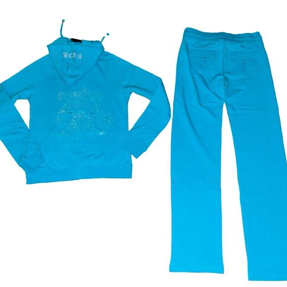 BCBG AQUAMARINE BLING TRACKSUIT SWEATSUIT W/ SILVER STUDS LOGO & TIGER FACE NWT - Picture 9 of 16